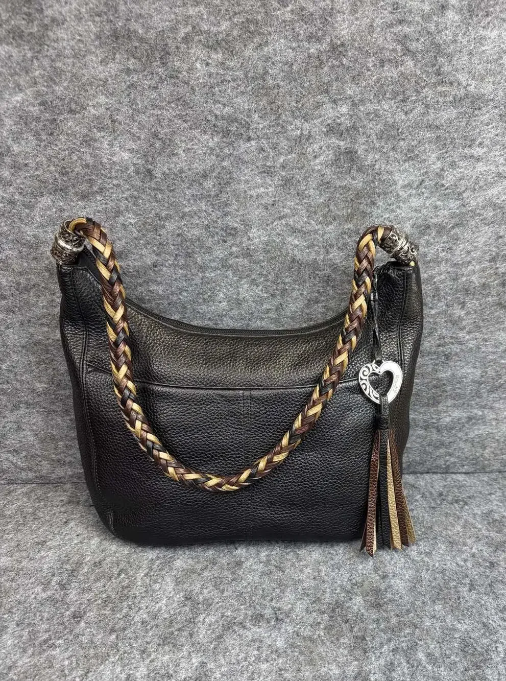 Brighton Barbados Black Pebbled Leather Hobo Shoulder Bag Braided Strap